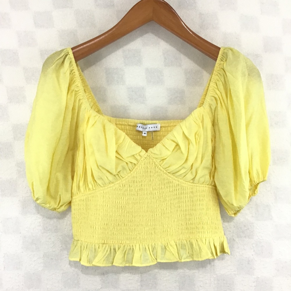 Endless Rose Womens Yellow Smocked Puff Sleeve Sweetheart Ruffle Crop Top Size M